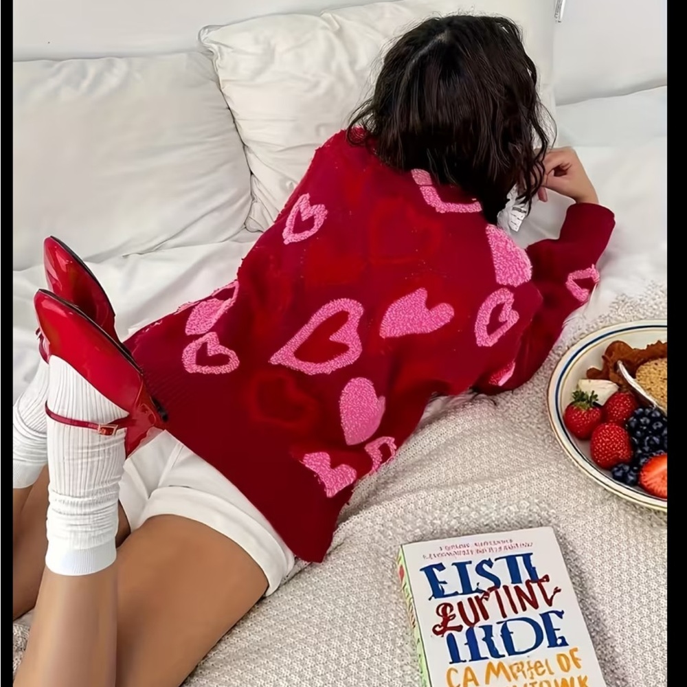 Red pink valentine heart print intarsia Sherpa soft cardigan sweater jacket top - Picture 3 of 5